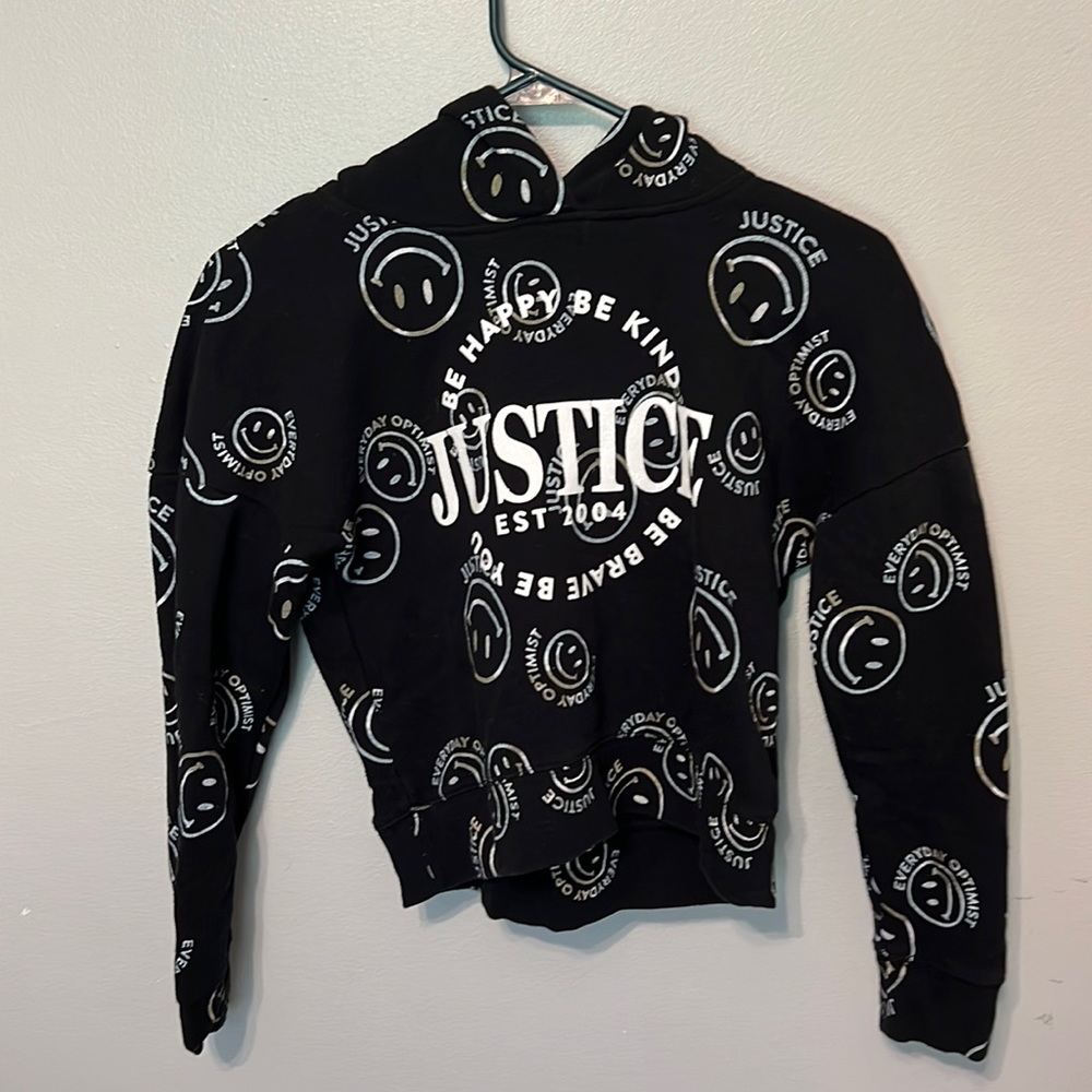 Girls justice smiley face hoodie. Used but good condition. Size M aka size 10